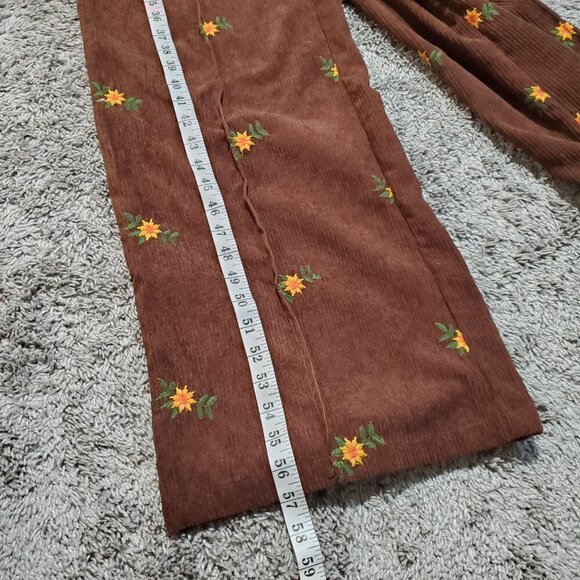 Cider Women's Brown Corduroy Floral Embroidered Wide-Leg Overalls - Small - Picture 5 of 7